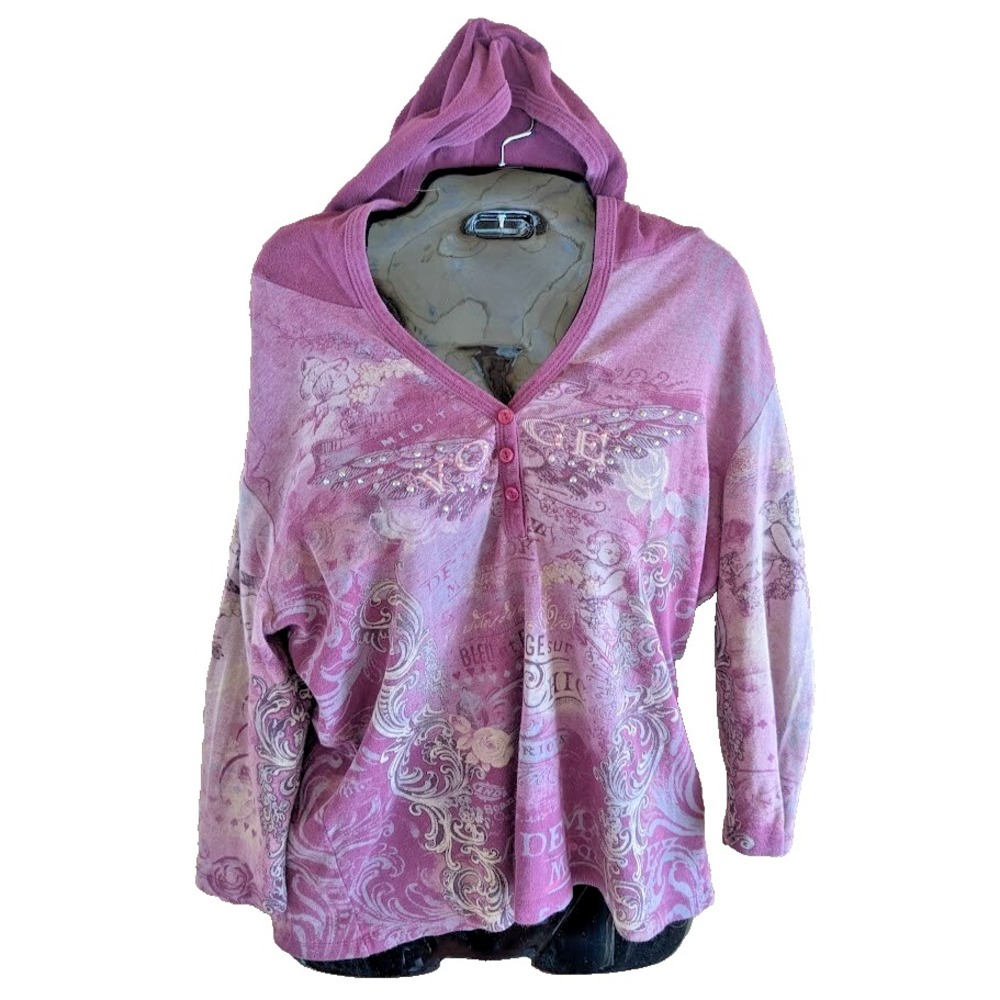 Vintage Y2K 90s Gitano Womens Top XL Cherubic Angel Hooded Bling Romantic USA